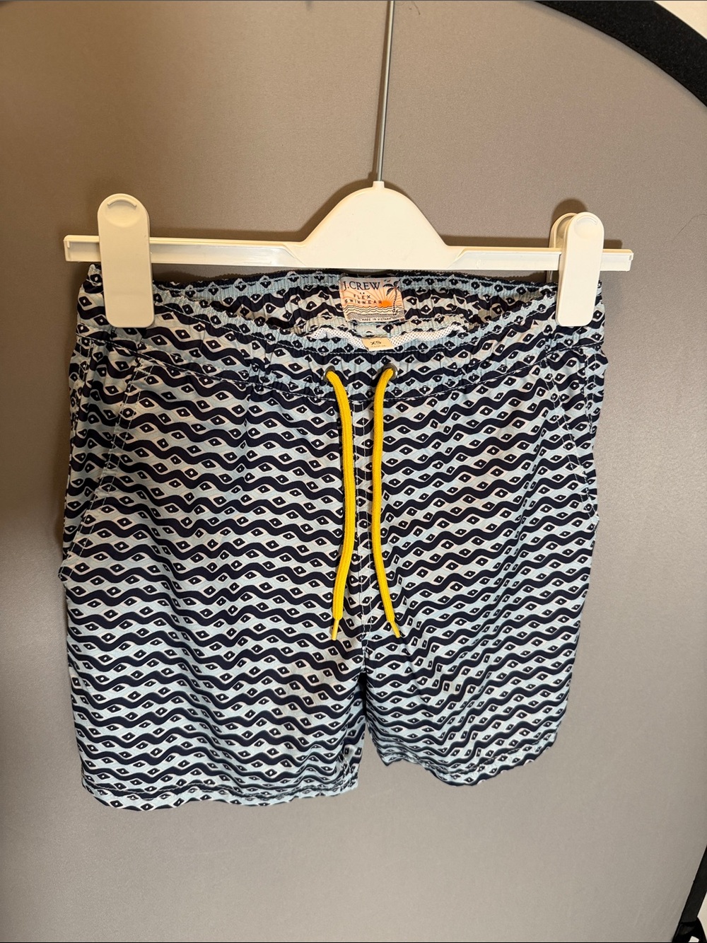 J. Crew Navy and White Geometric Swim Shorts with Yellow Drawstring